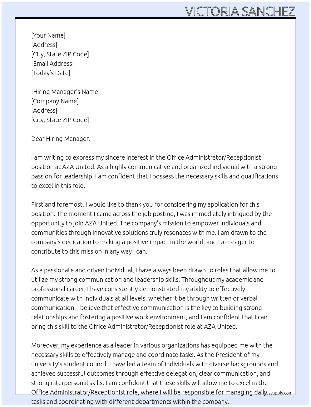 Office Administrator / Receptionist  At AZA United Cover Letter