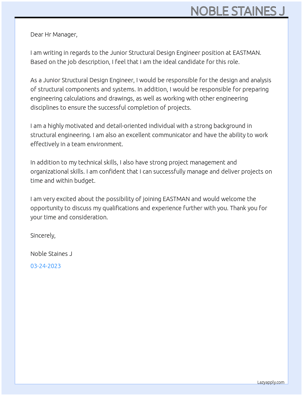 Junior Structural Design Engineer At EASTMAN  Cover Letter