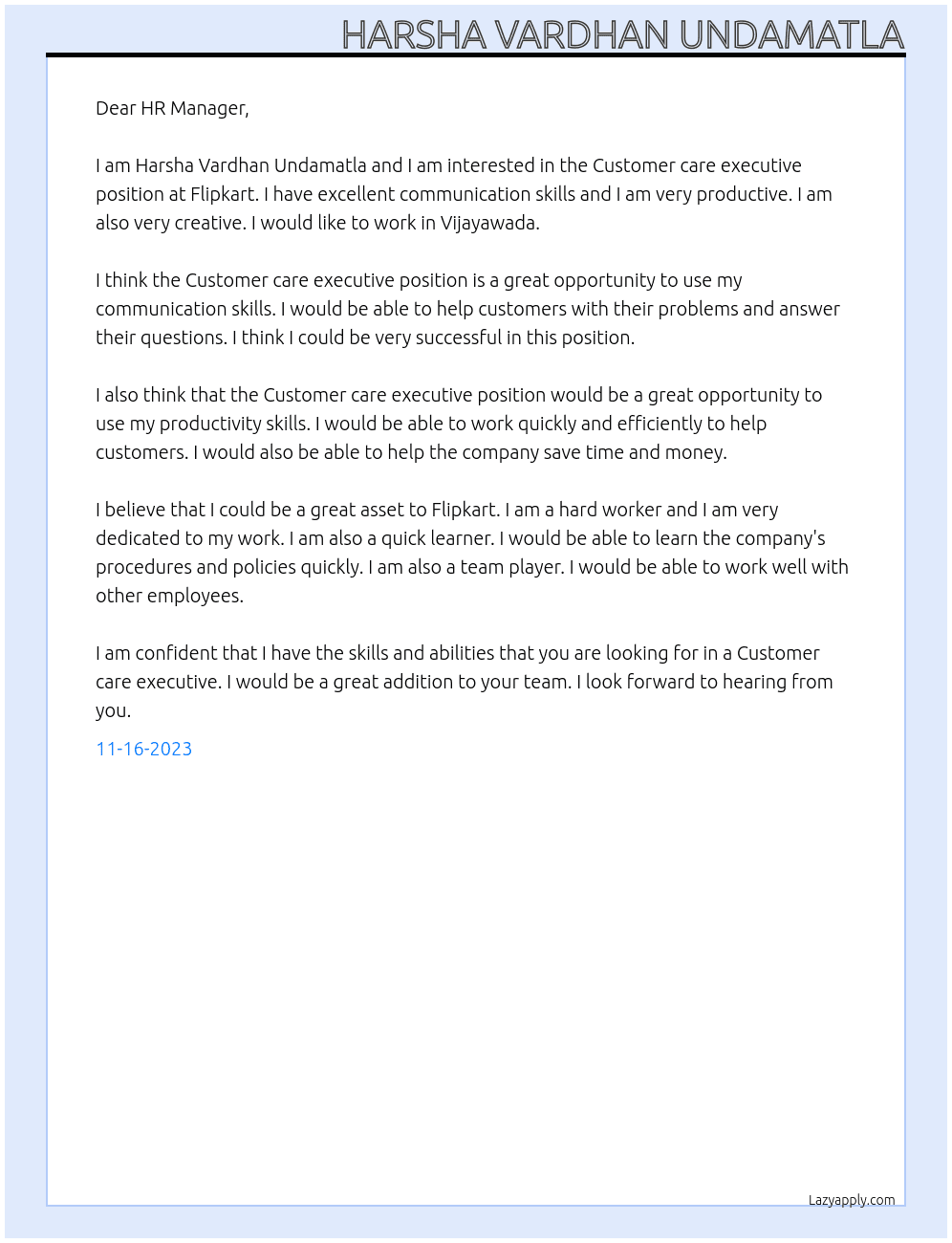 Customer care executive  At Flipkart  Cover Letter