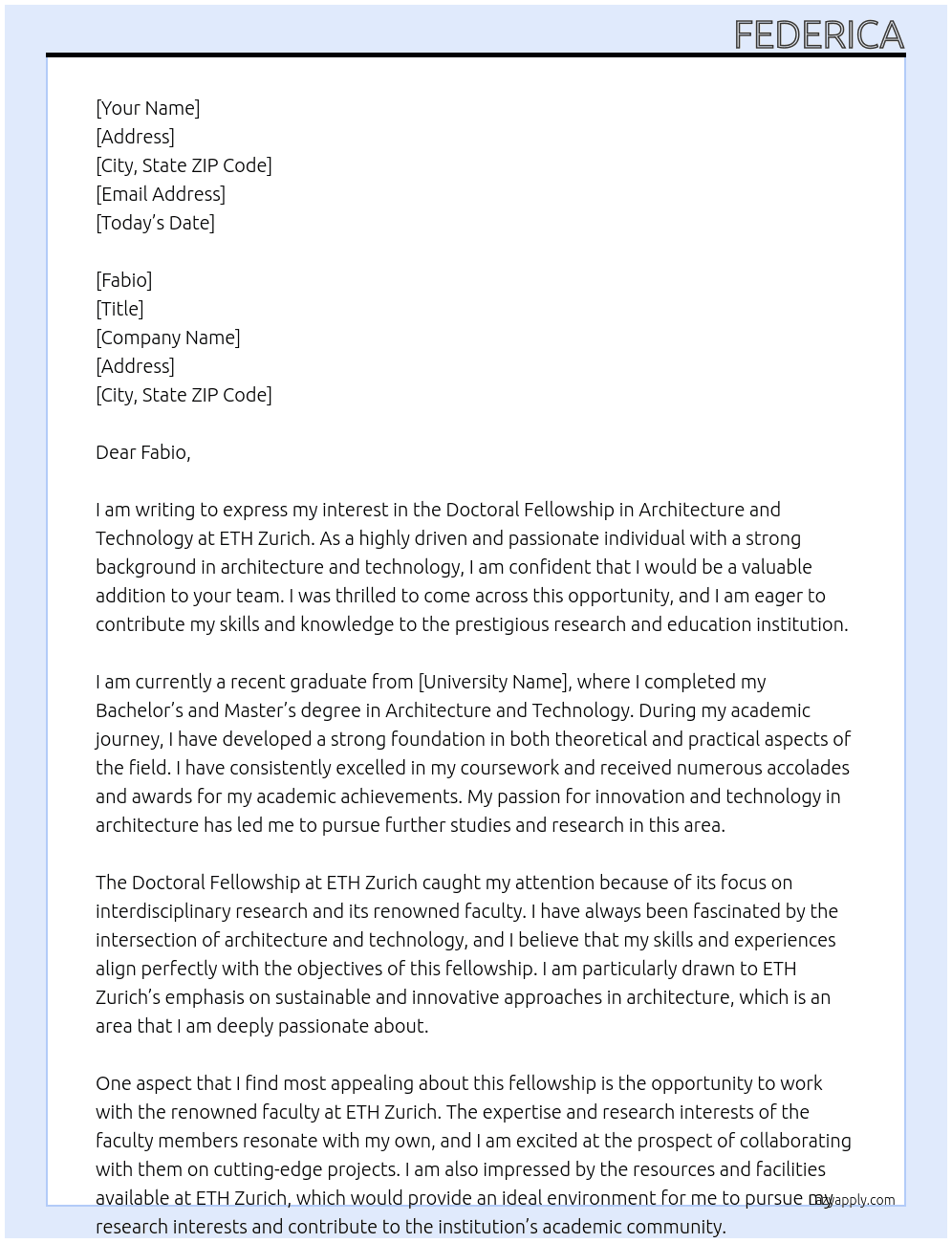 a Doctoral Fellowship in Architecture and Technology At Ethz Cover Letter