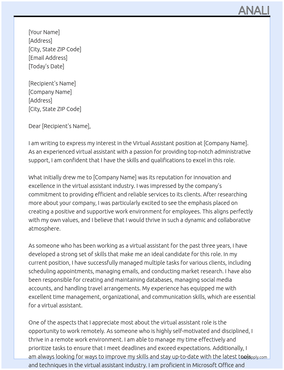 virtual assistant  At virtual assistant  Cover Letter
