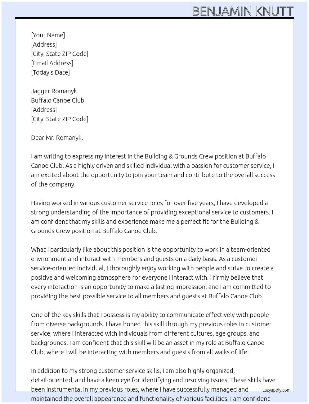 Building & Grounds Crew At Buffalo Canoe Club Cover Letter