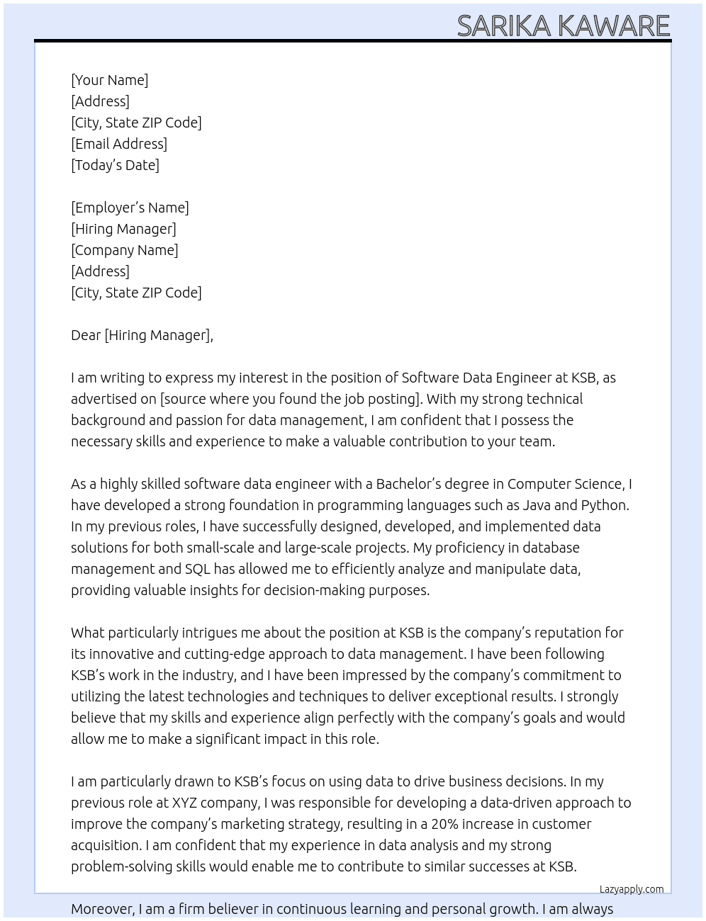 software data engineer At KSB Cover Letter