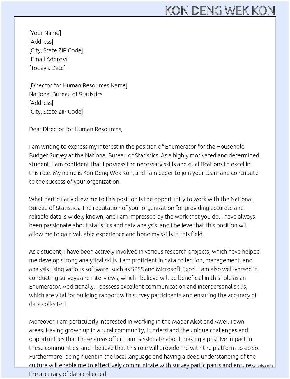 Enumerator, Household Budget Survey  At National Bureau of Statistics  Cover Letter