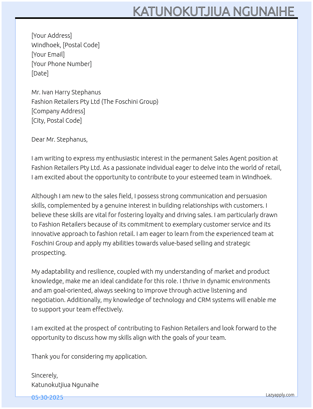 Sales agent  At Fashion Retailers Pty Ltd ( The Foschini Group  Cover Letter