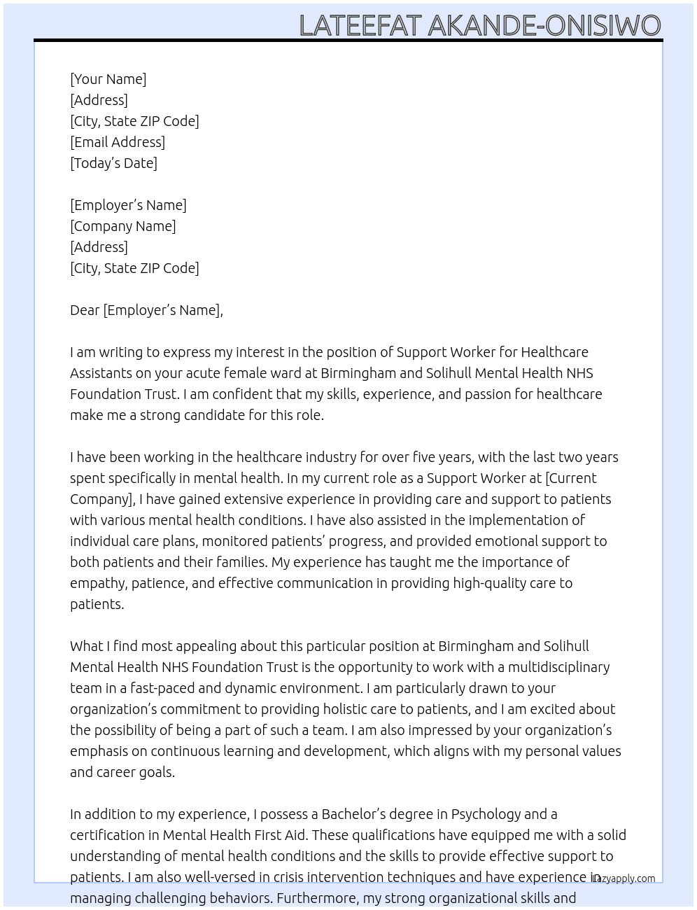 support worHealthcare Assistants on our acute female wardker At Birmingham and Solihull Mental Health NHS Foundation Trust Cover Letter