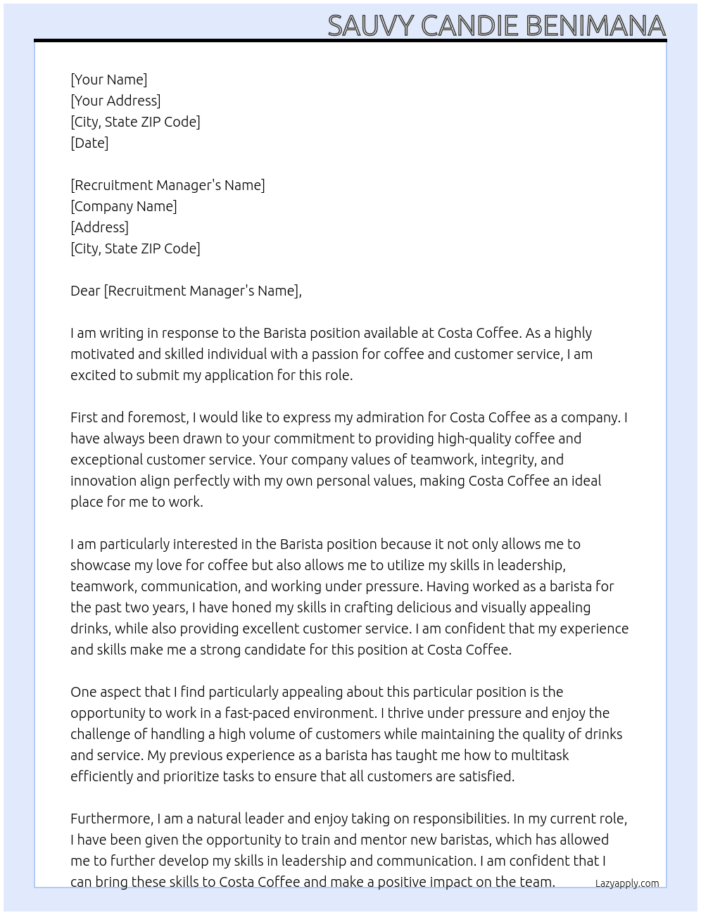 barista At costa cofee Cover Letter