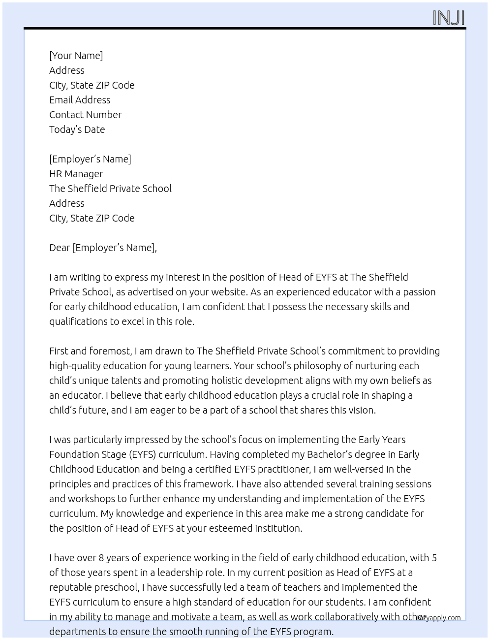 Head of  EYFS At The Sheffield Private School Cover Letter