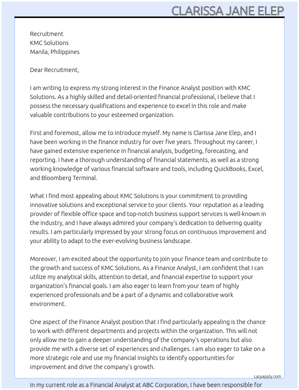 Finance Analyst At KMC Solutions Cover Letter