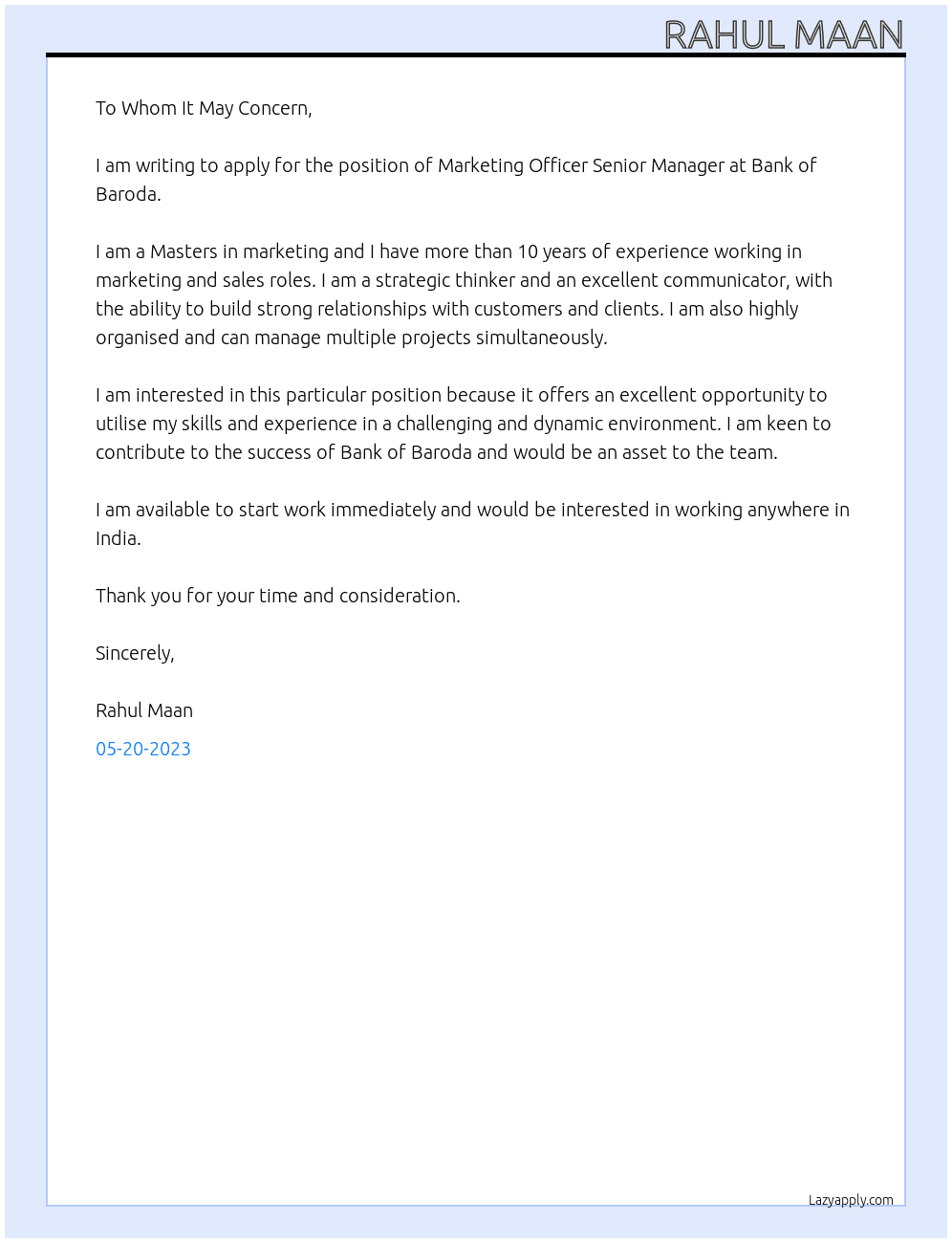 Marketing officer senior manager At Bank of baroda Cover Letter