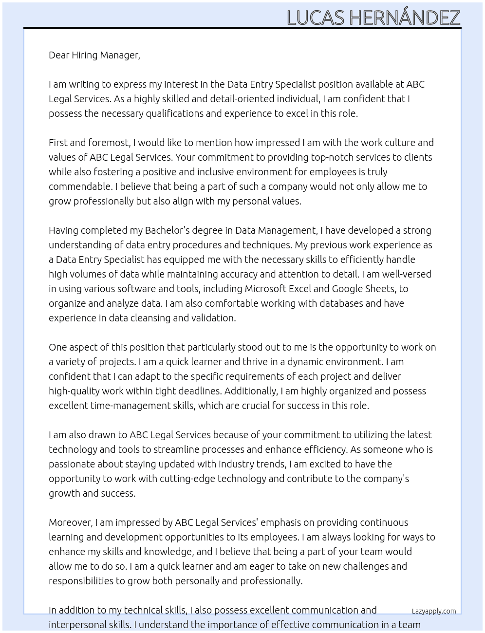 Data Entry Specialist At ABC Legal Services Cover Letter