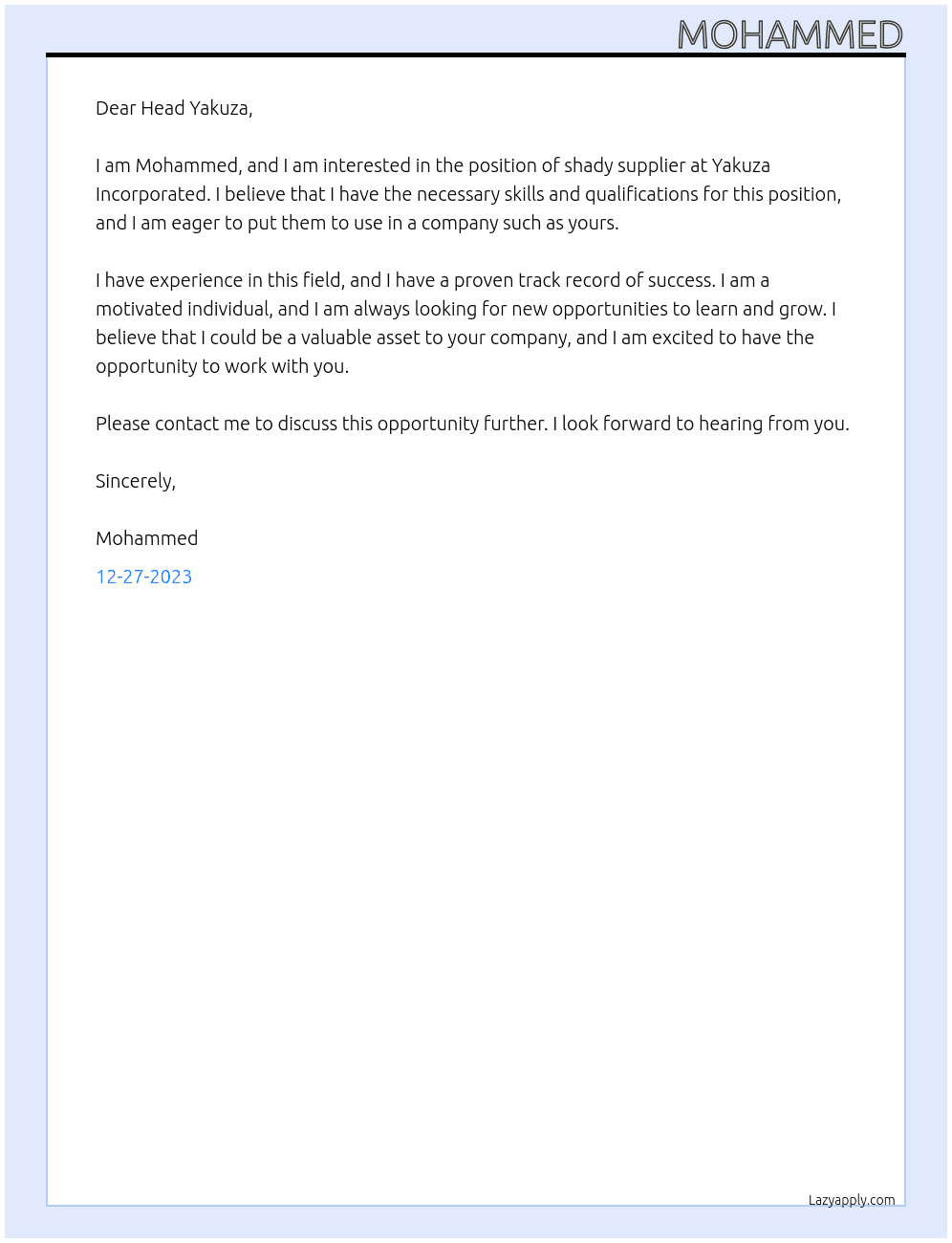 shady supplier At Yakuza Incorporated Cover Letter