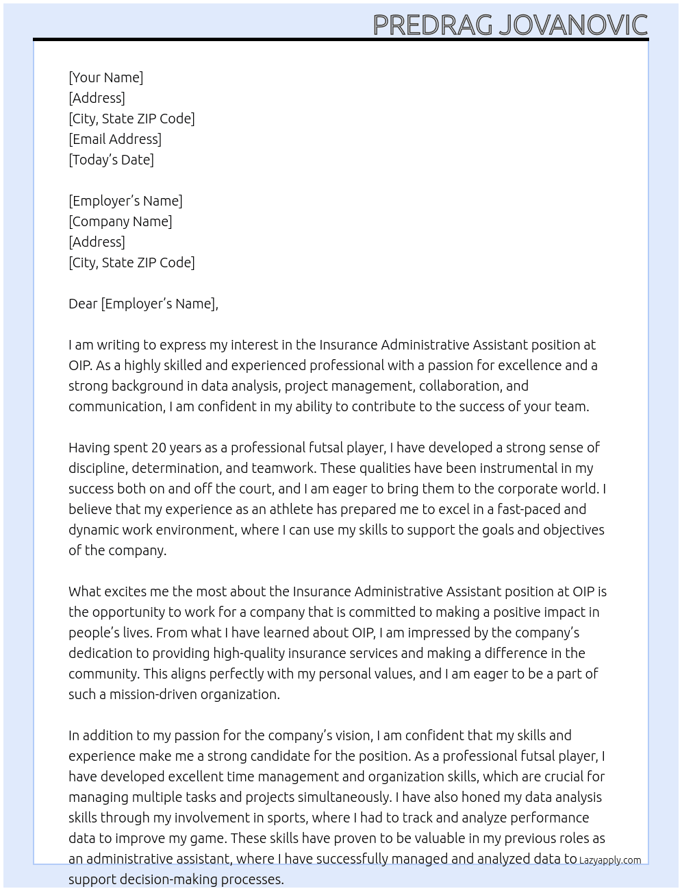 Insurance Administrative Assistant At OIP Cover Letter