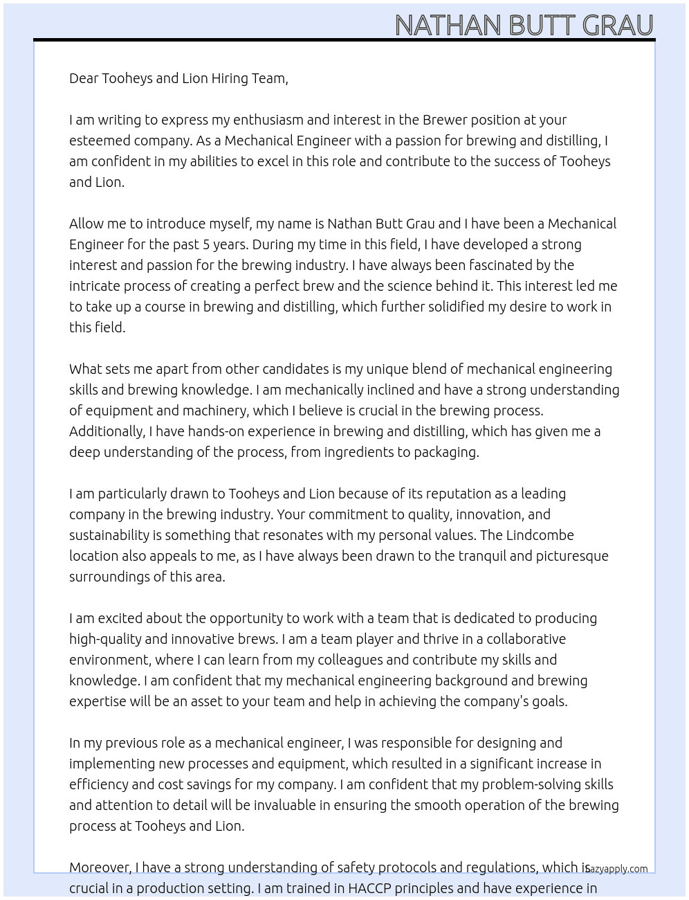 Brewer At Tooheys and Lion Cover Letter