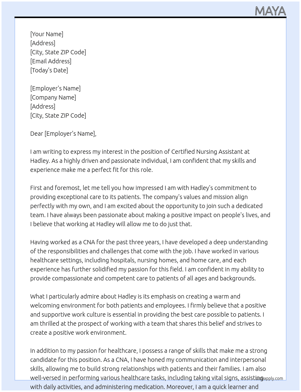CNA At Hadley Cover Letter