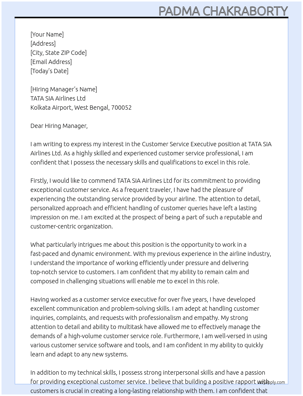 Customer Service Executive At TATA SIA Airlines Ltd Cover Letter