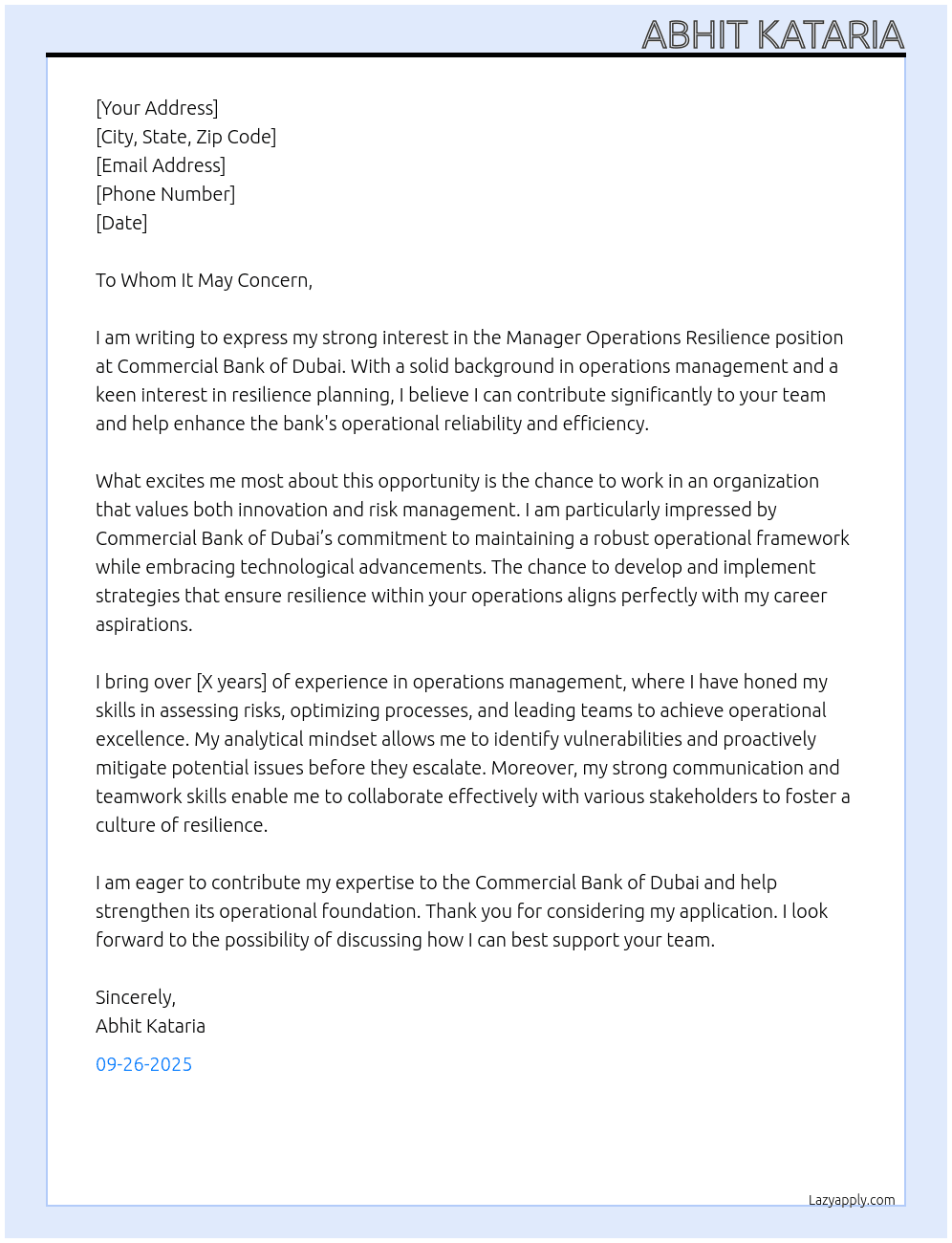 Manager operations resilience  At Commercial Bank of Dubai Cover Letter
