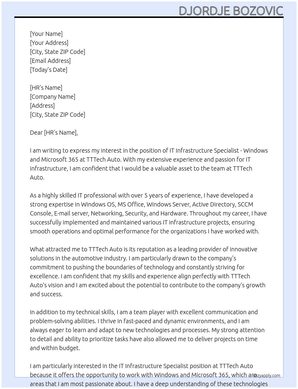 IT Infrastructure Specialist - Windows and Microsoft 365 At TTTech Auto Cover Letter