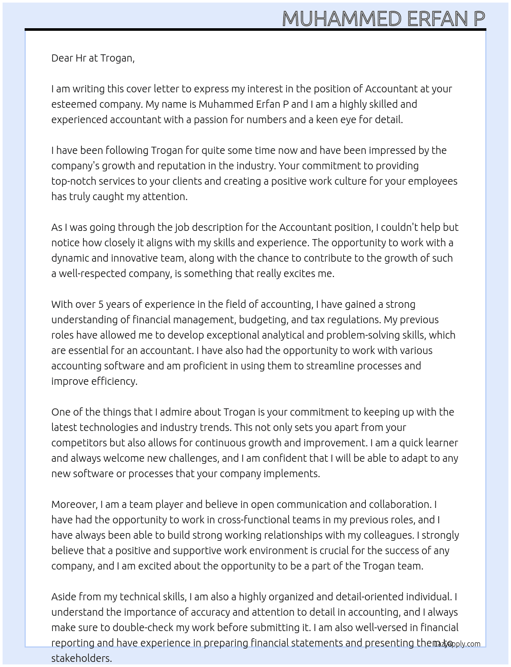 Accountant  At Trogan  Cover Letter