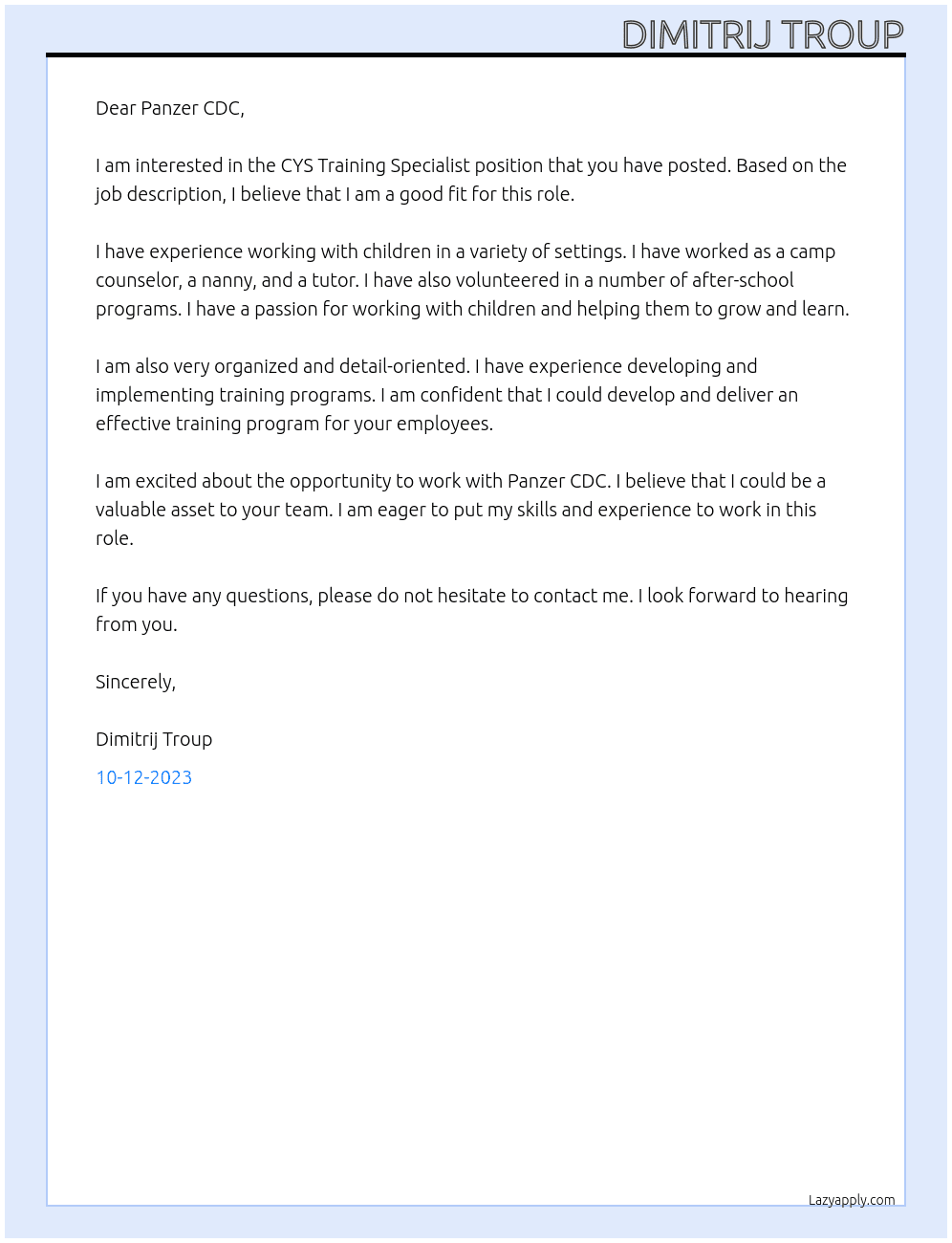 CYS Training Specialist At Panzer CDC Cover Letter