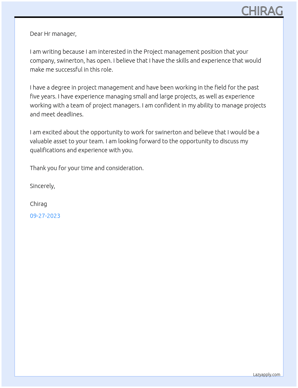 Project management  At swinerton Cover Letter