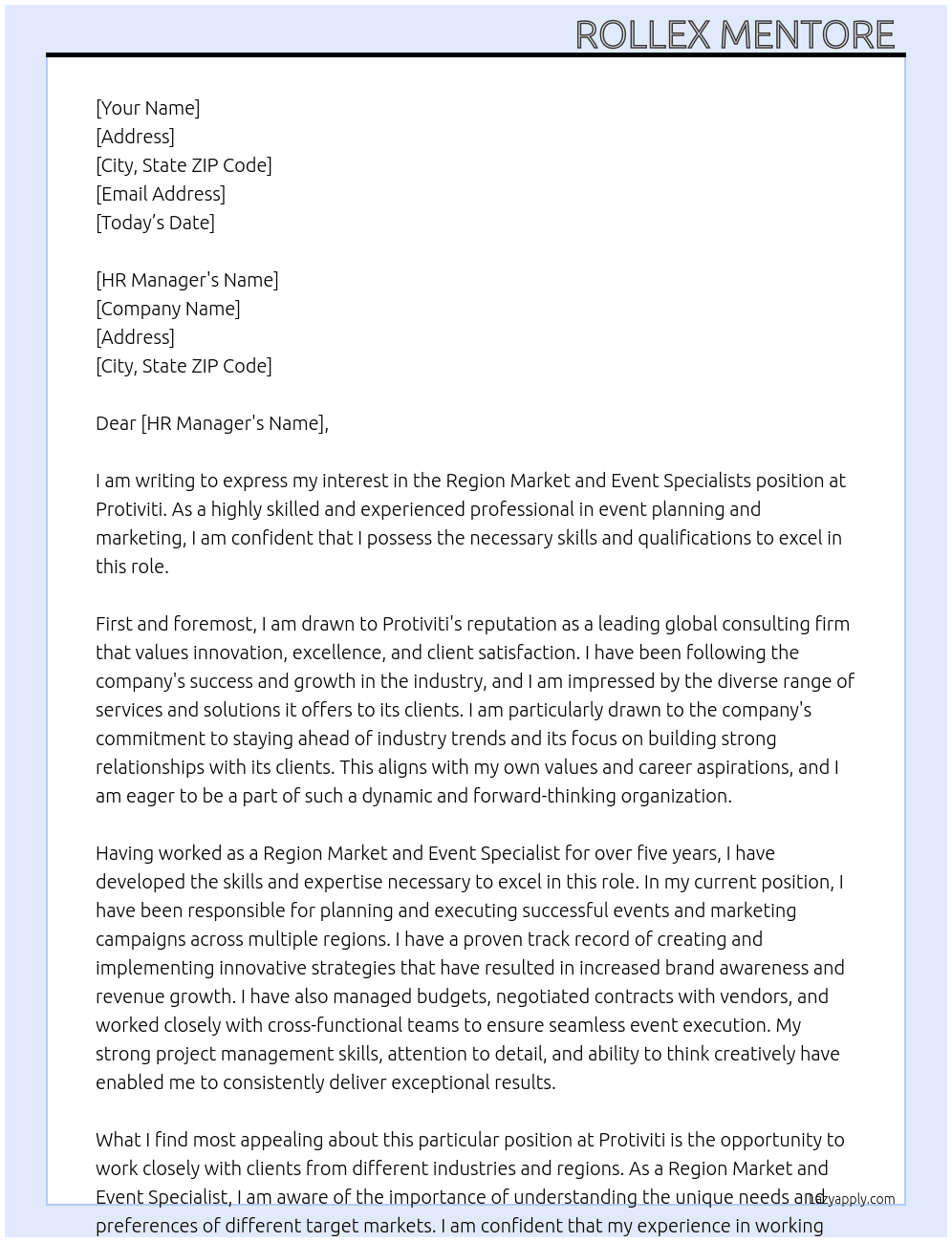 Region market and event specialists At Protiviti  Cover Letter