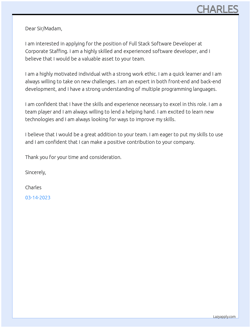 Full Stack Software Developer At corporatestaffing Cover Letter