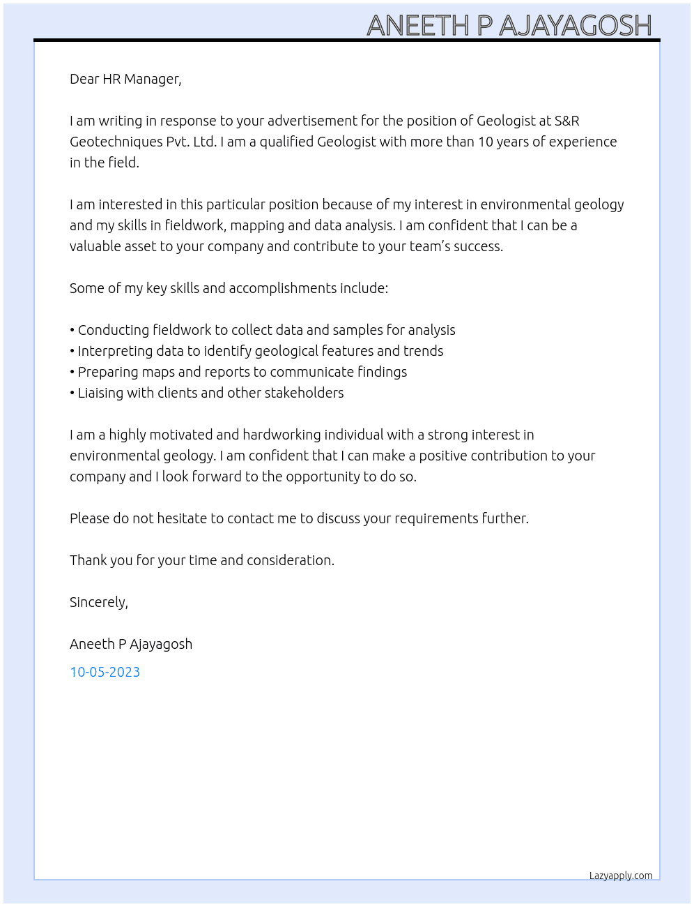 Geologist  At S&R Geotechniques Pvt. Ltd Cover Letter