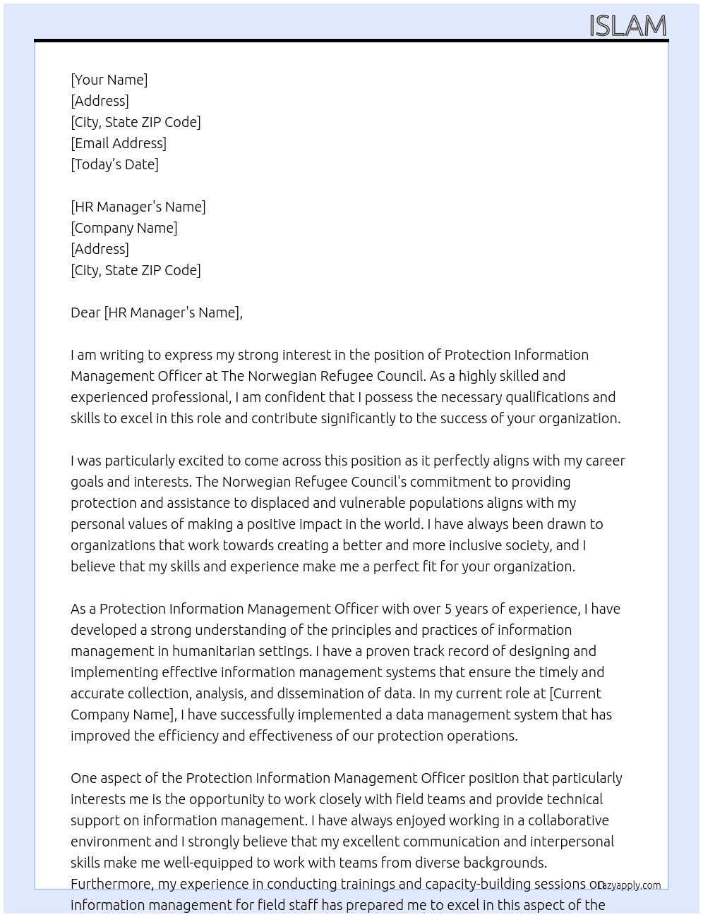 Protection Information Management Officer At The Norwegian Refugee Council  Cover Letter