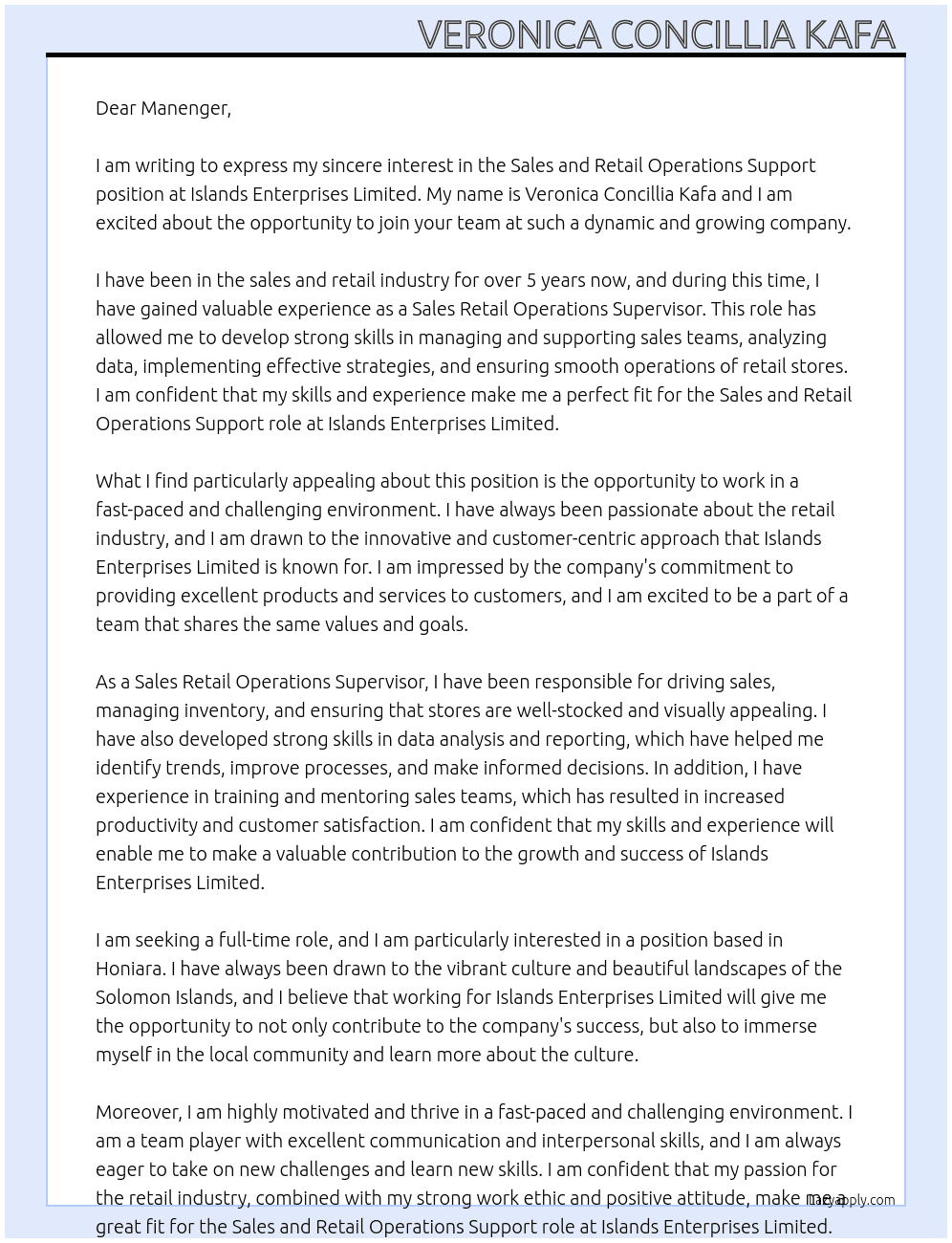 Sales and Retail operations support  At Islands enterprises  limited  Cover Letter