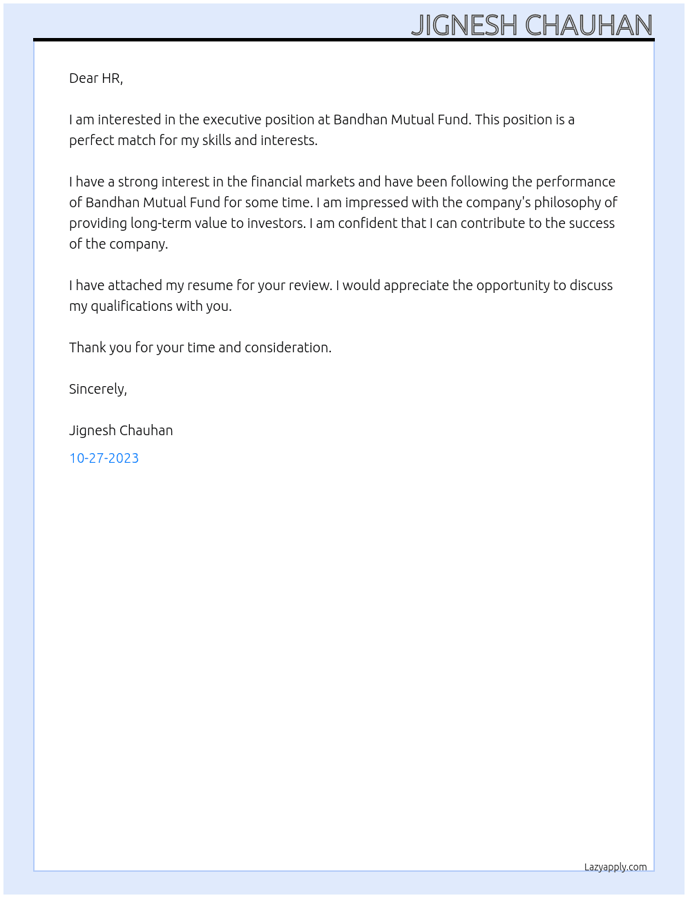 executive At BANDHAN MUTUAL FUND Cover Letter