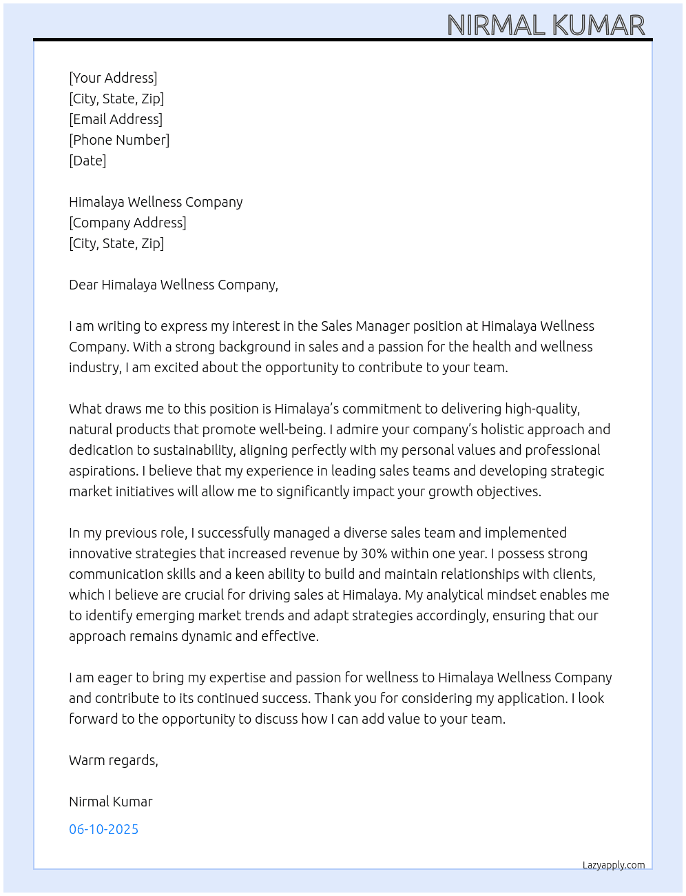 Sales manager At Himalaya wellness company  Cover Letter