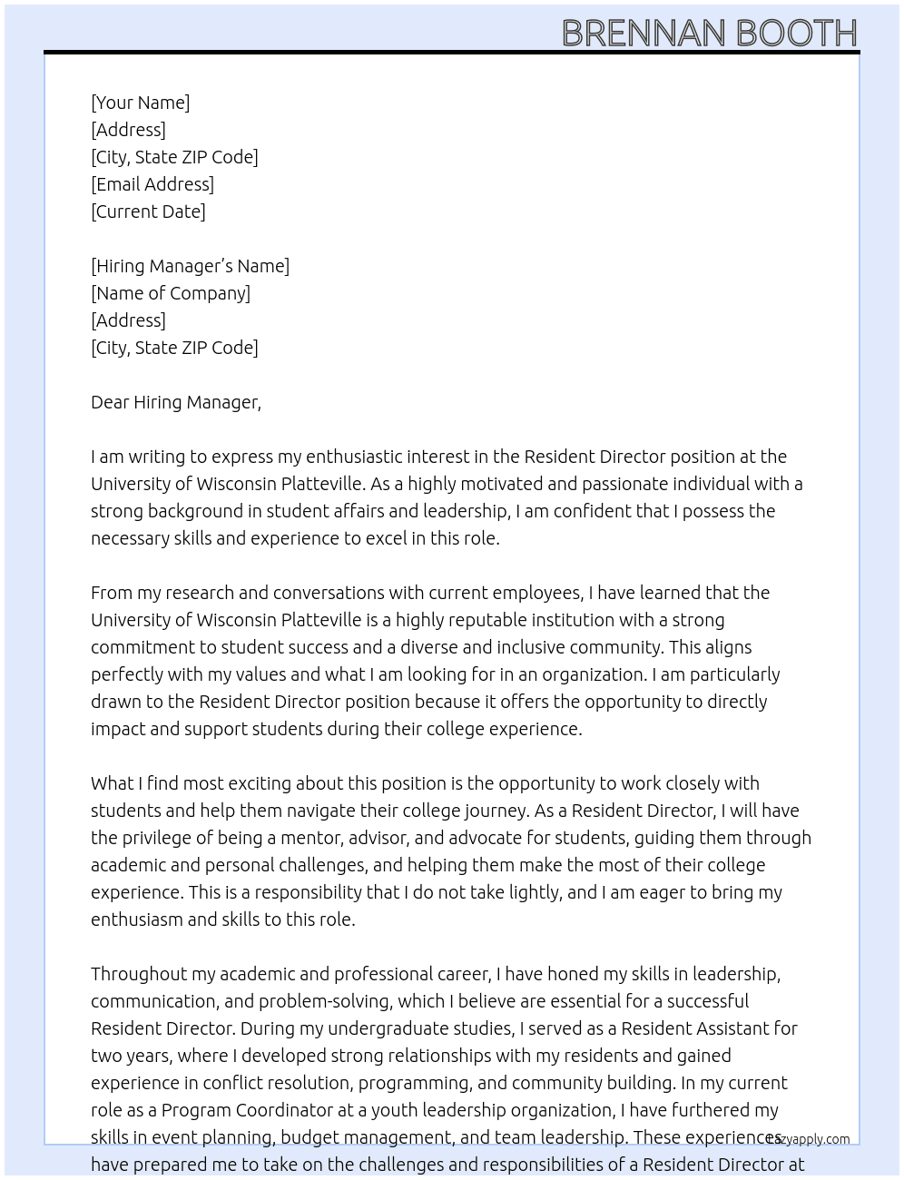 Resident Director At University of Wisconsin Platteville Cover Letter