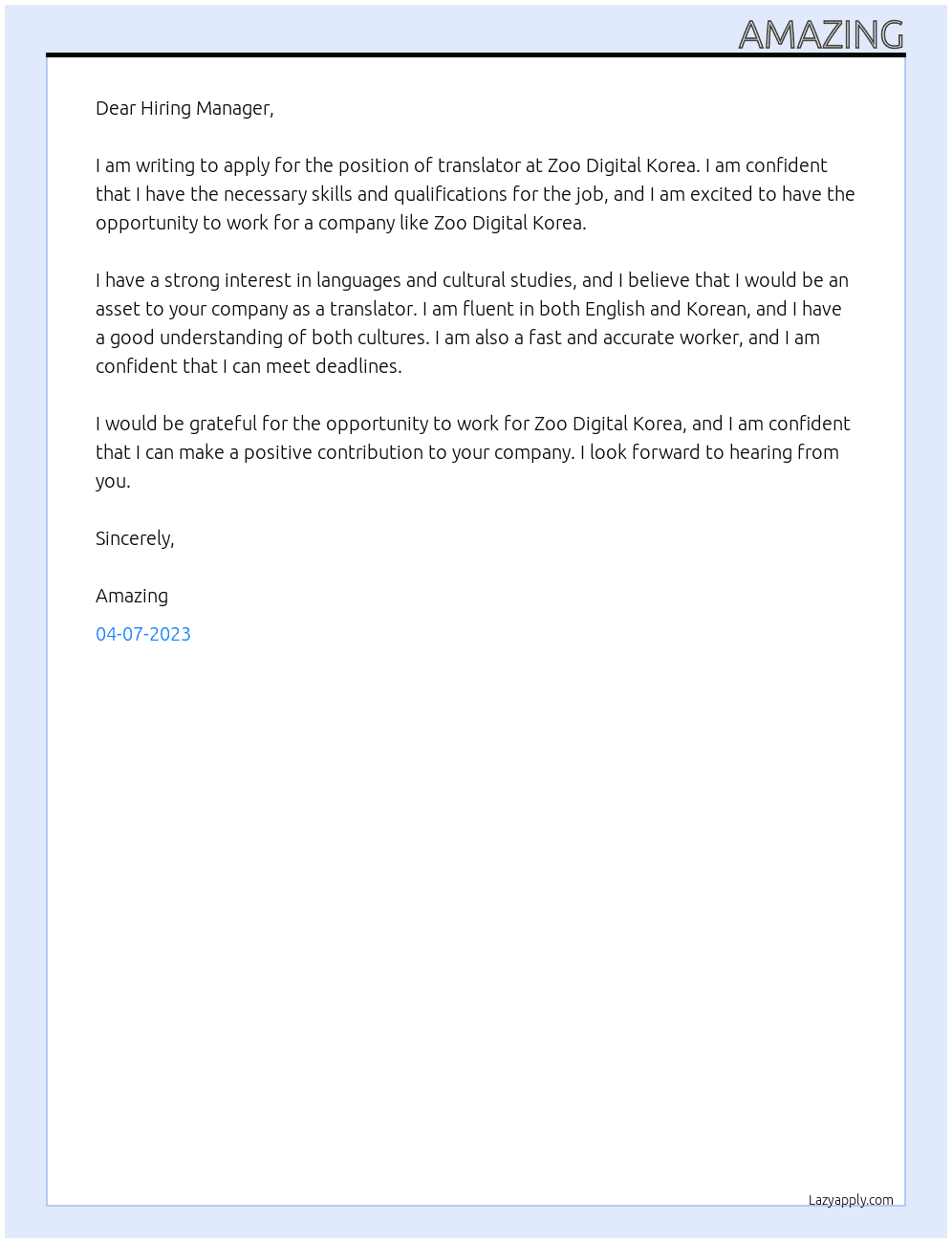 Translator At Zoo Digital Korea Cover Letter