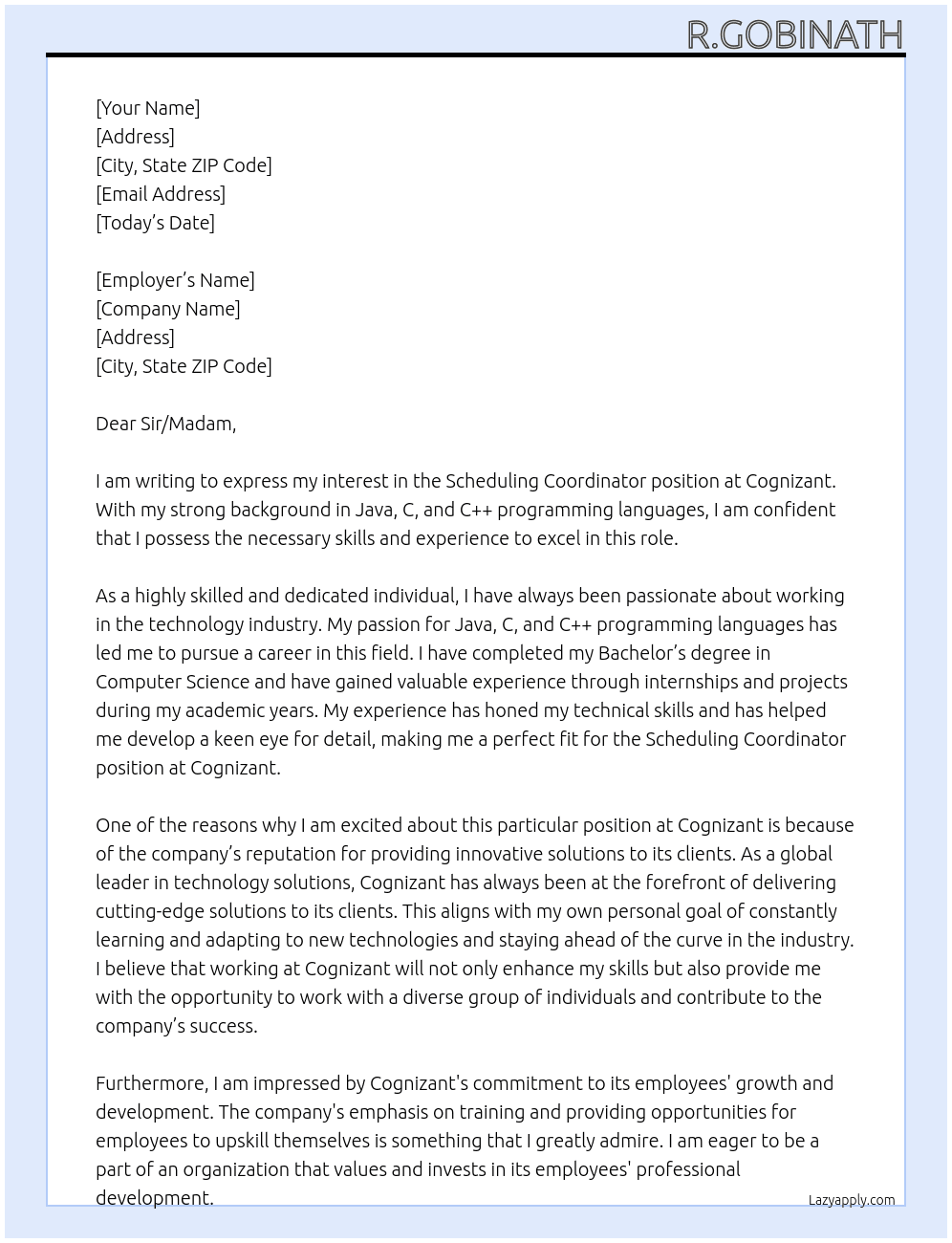 Scheduling coordinator  At Cognizant Cover Letter