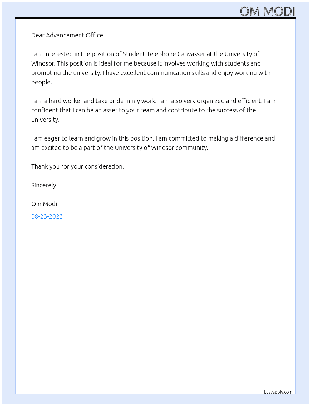 Student Telephone Canvasser At University of Windsor Cover Letter