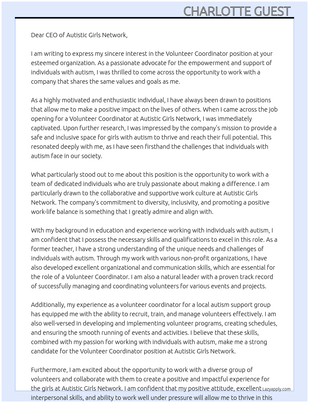 Volunteer coordinator  At Autistic girls network Cover Letter