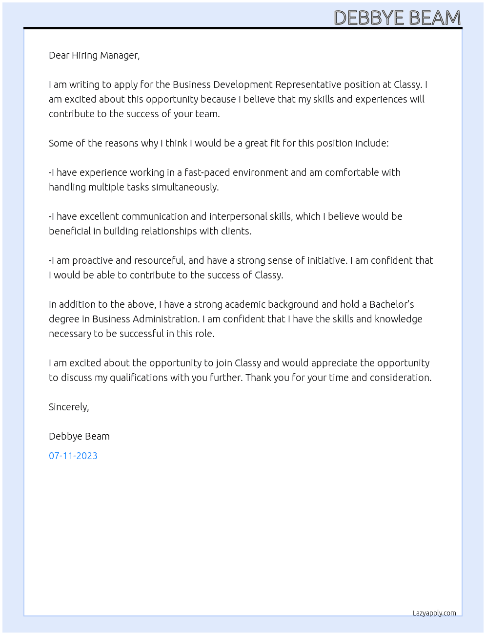Business Development Representative At Classy Cover Letter