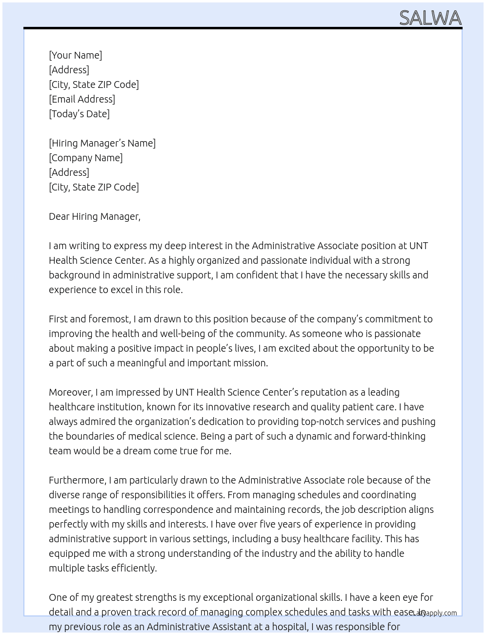 Adminstrative Associate At UNT Health Science Center Cover Letter