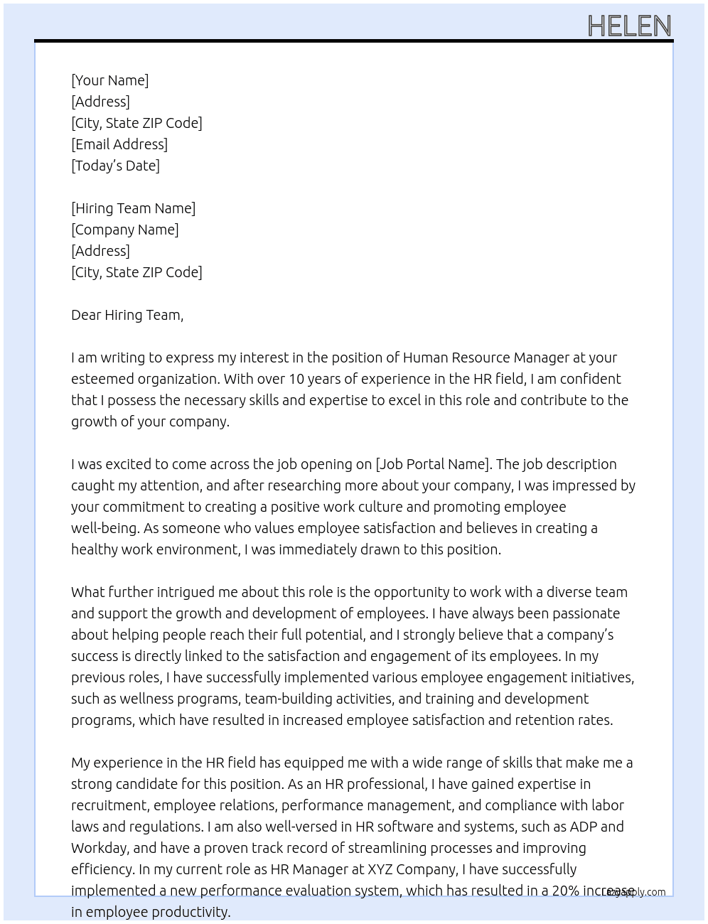 human resource manager At nil Cover Letter