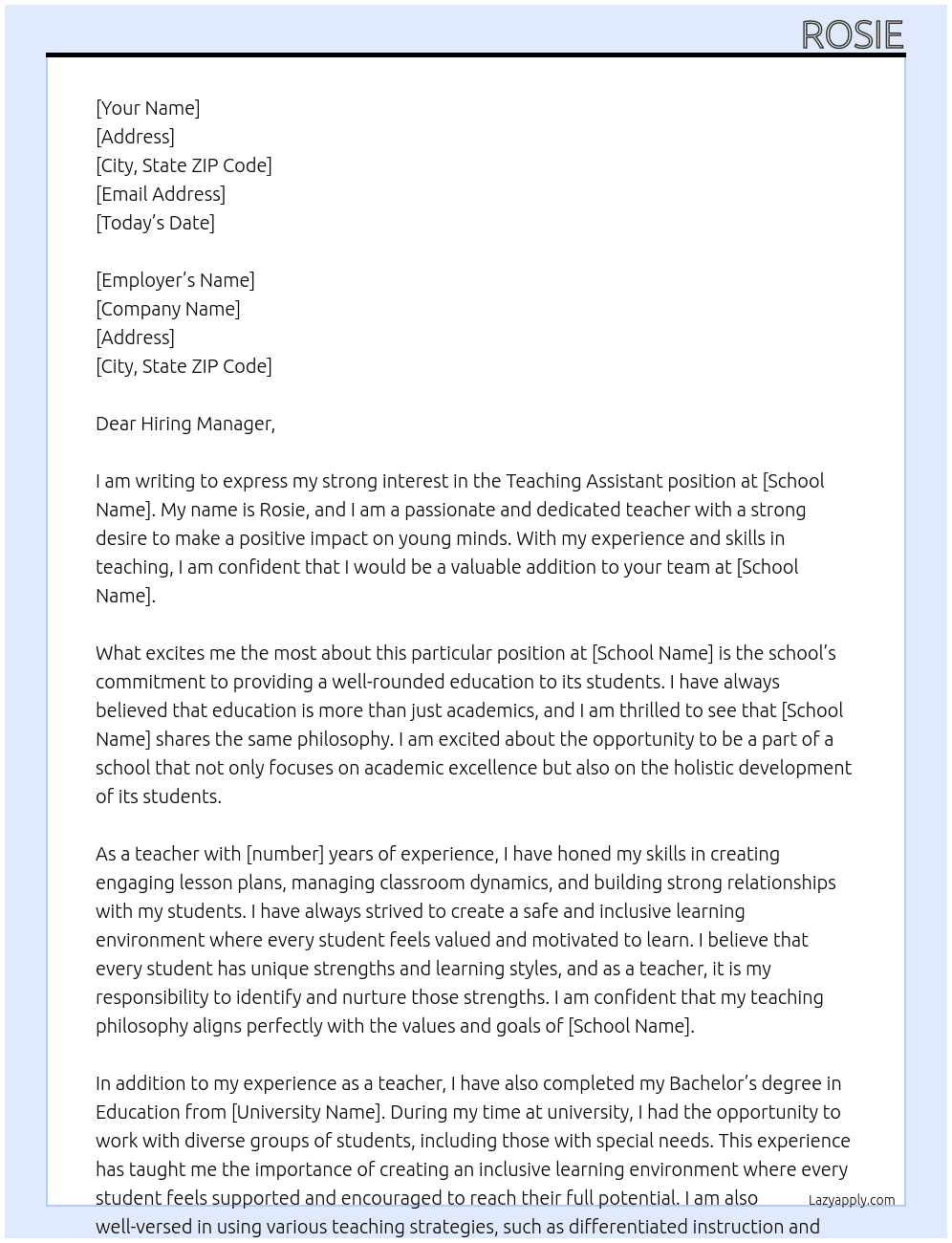 teaching assistant At school Cover Letter