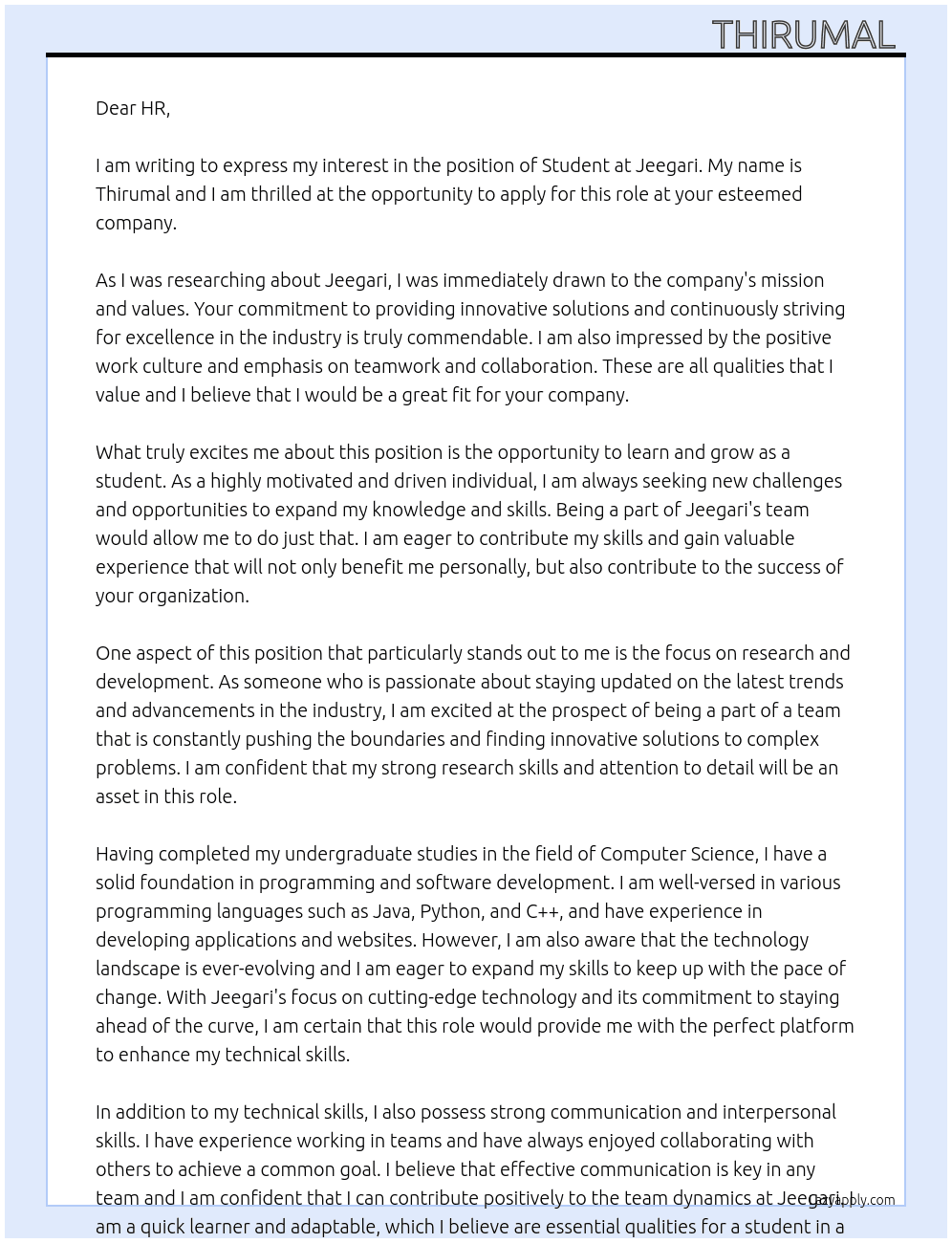 Student  At Jeegari  Cover Letter