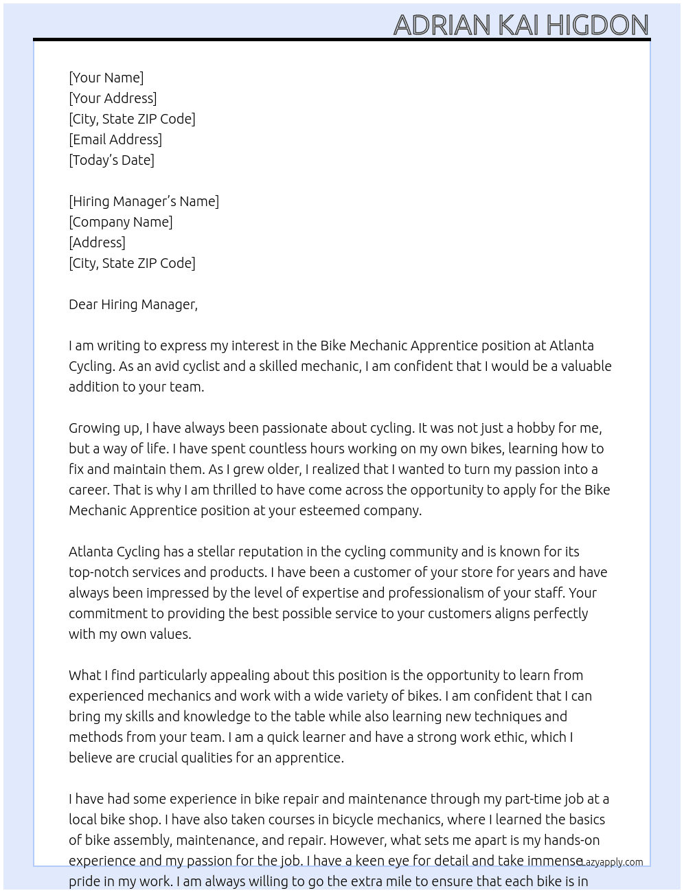 Bike Mechanic  Apprentice At Atlanta Cycling Cover Letter