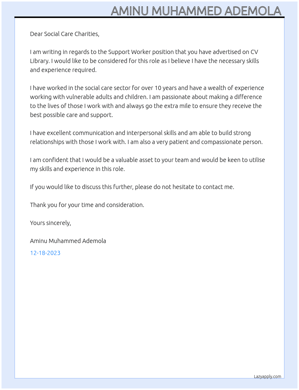 Support worker  At CV library  Cover Letter