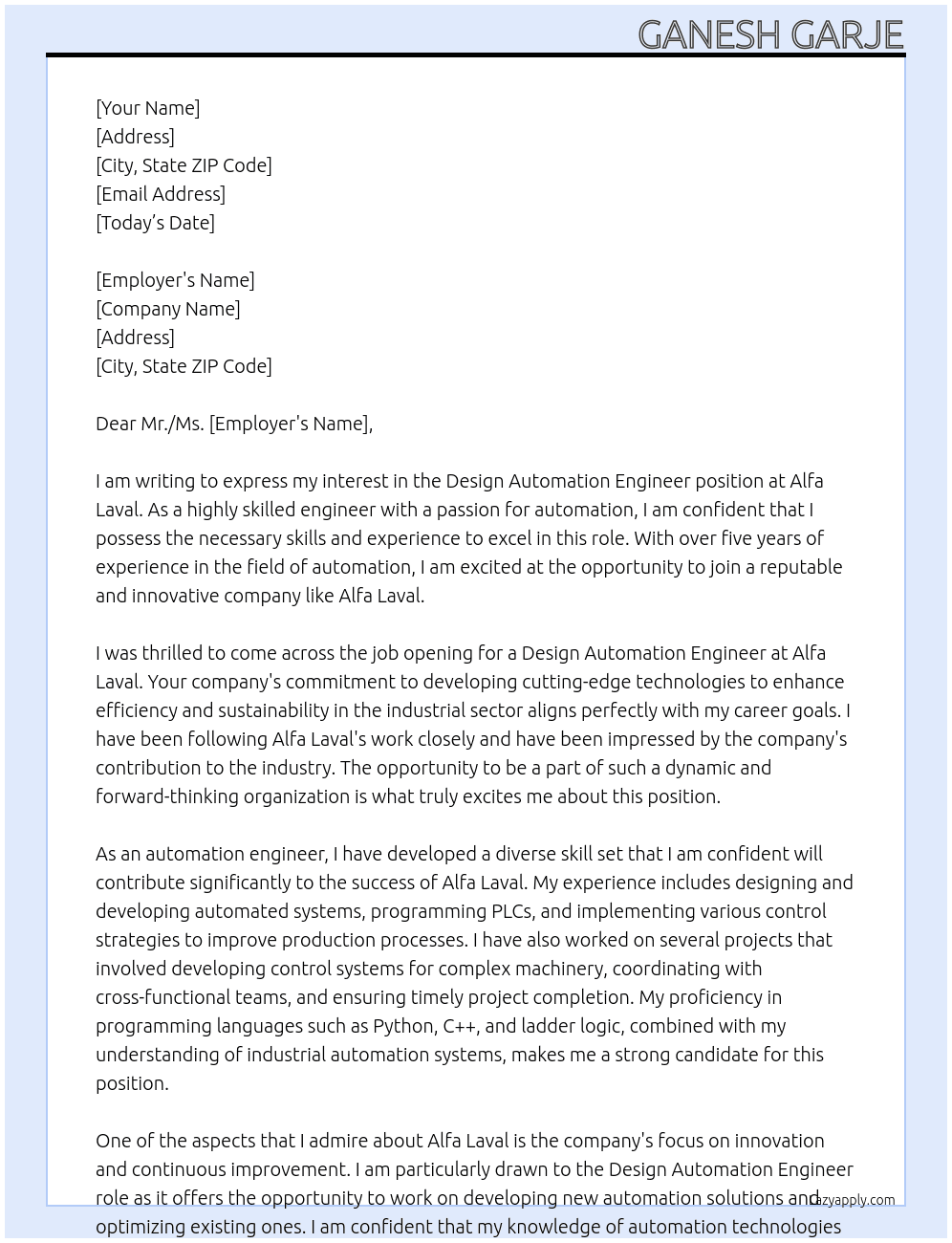 Design Automation Engineer  At Alfa Laval Cover Letter
