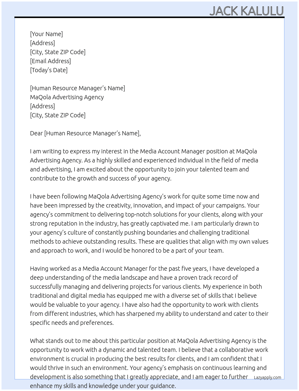 Media Account Manager At MaQola Advertising Agency Cover Letter