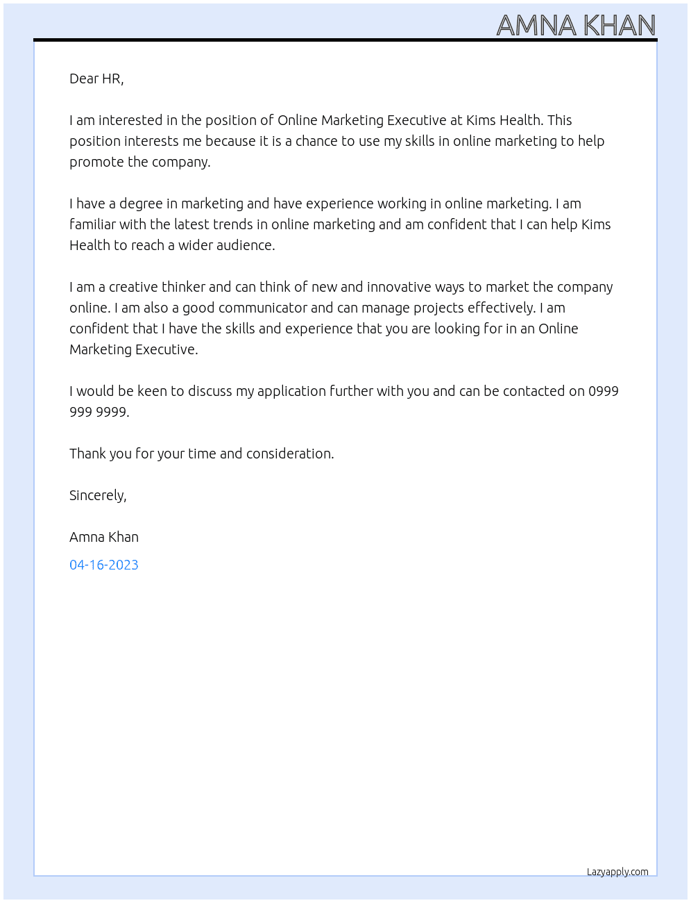 Online Marketing Executive At Kims Health Cover Letter