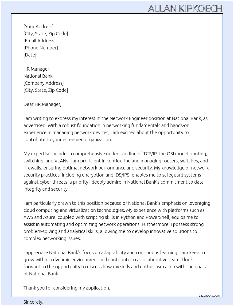 Network engineer  At National bank Cover Letter