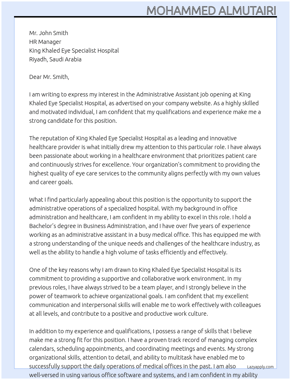 Administrative Assistant Job At King khaled eye specialist hospital Cover Letter