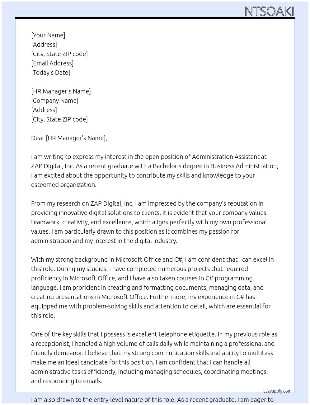 Administration assistant  At ZAP Digital, Inc Cover Letter